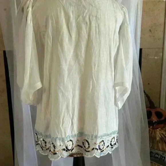 I. Madeline Sequin Embellished Blouse. Small. NWT. White with blue, tan sequins. - Picture 2 of 5